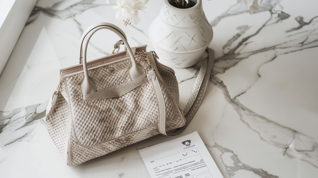 xfactor 94342 luxury handbag on white marble surface with a sma 1f29f133 4b34 48d9 8029 6edb132db1f4