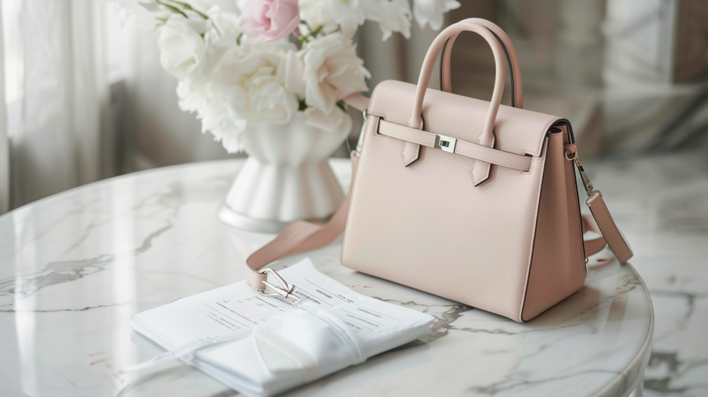 xfactor 94342 luxury handbag on white marble surface with a sma 53287369 c478 4fc7 bb6d 338f84f082f1